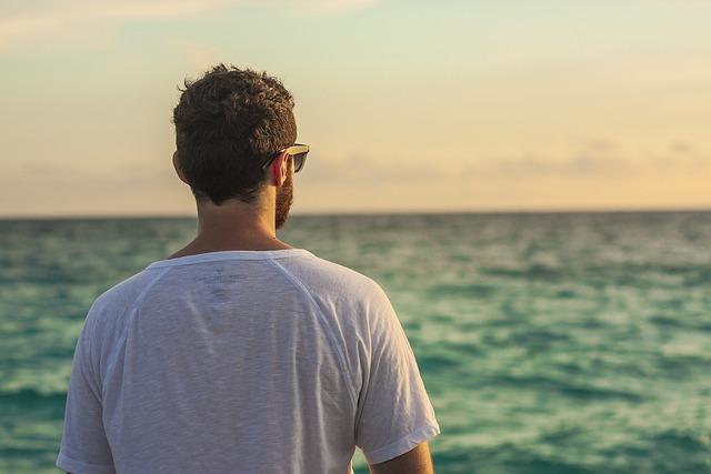 a young man looking out over the ocean as seen from the back.
