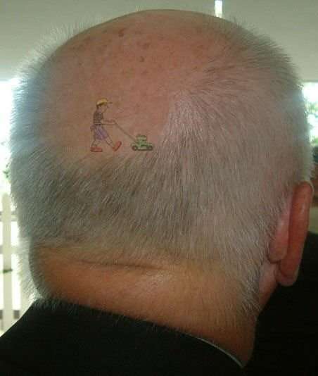 Funny Pictures of Lawn Mover Tatoo on Balding Scalp
