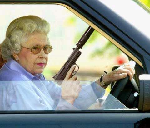 Funny Pictures of Queen Elizabeth with a Gun