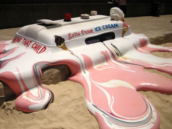 A funny picture of a melted ice cream truck.