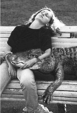 Funny Pictures of Woman Sleeping on Bench with Crocodile