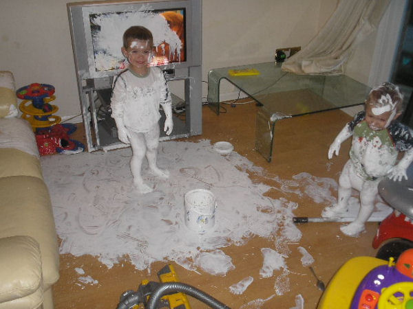 A funny kids and spilled paint picture