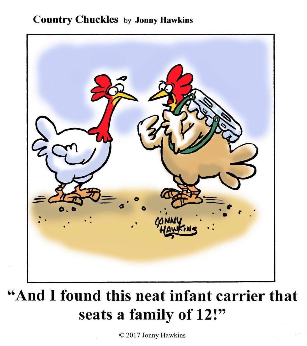 chicken infant carrier cartoon by Johnny Hawkins