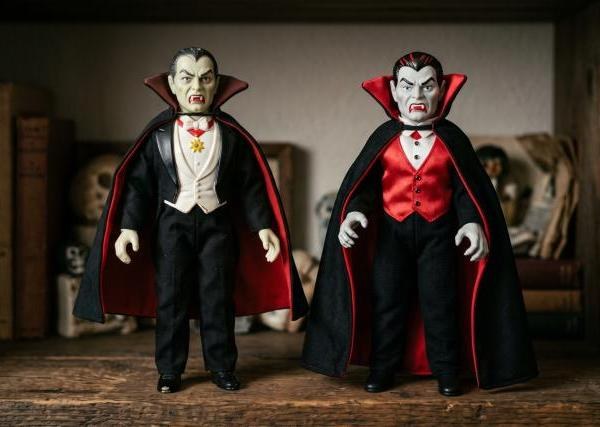 Two toy Dracula dolls standing side-by-side on a shelf.