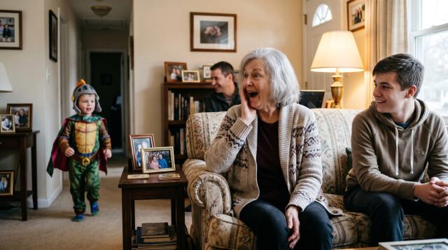 A grandmother sitting on a couch reacts with delighted surprise as a young grandchild walks into the living room dressed in costume.