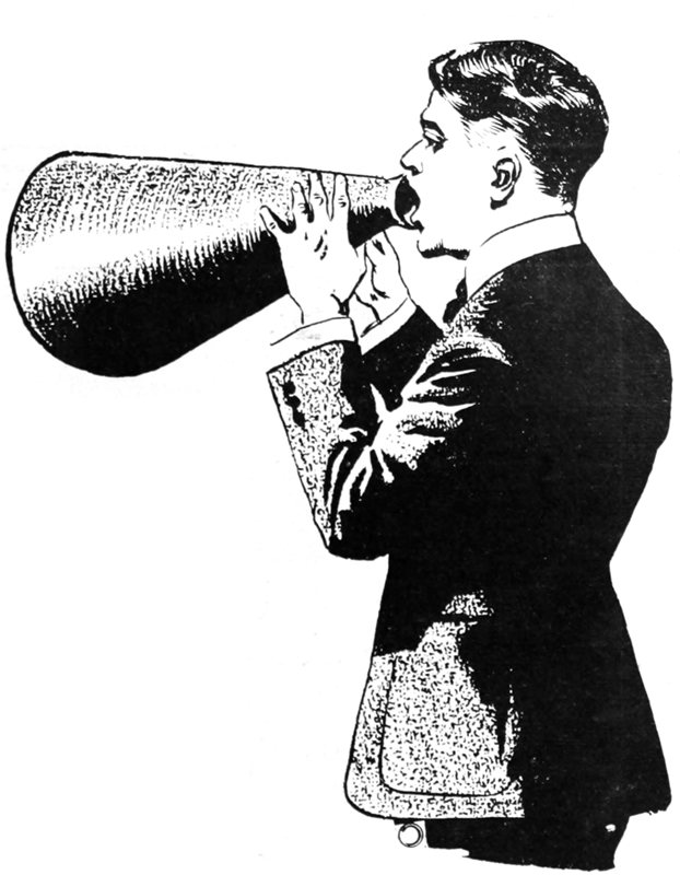 A drawing of a man shouting through two megaphones.