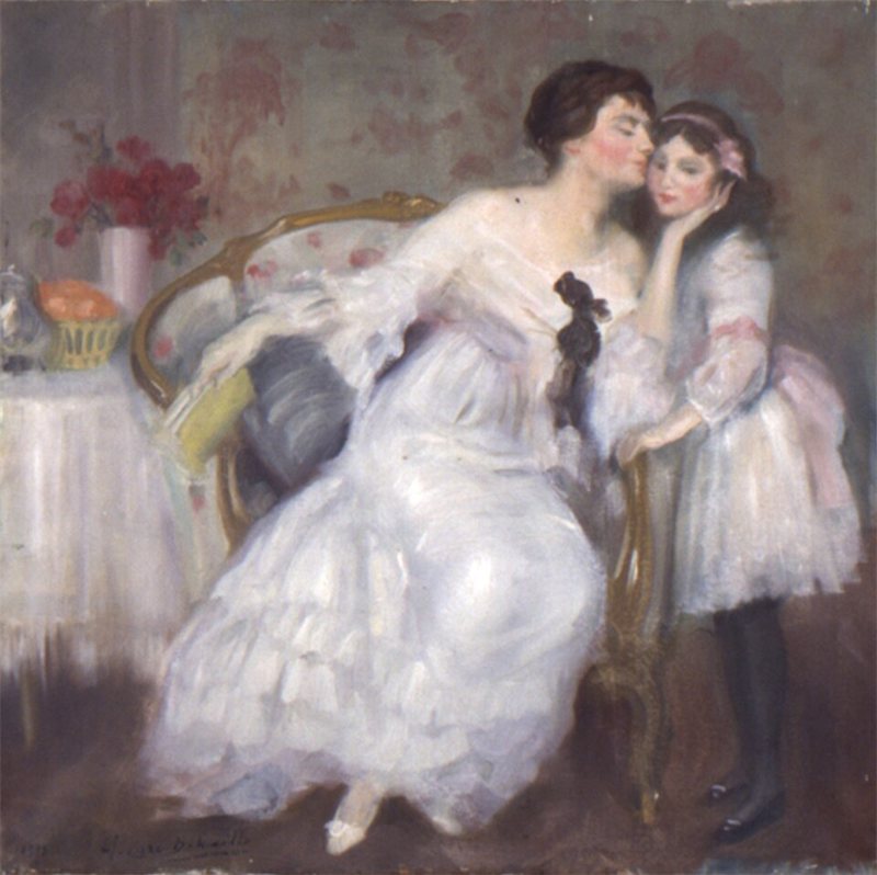 A painting of a mother lovingly holding her daughter.