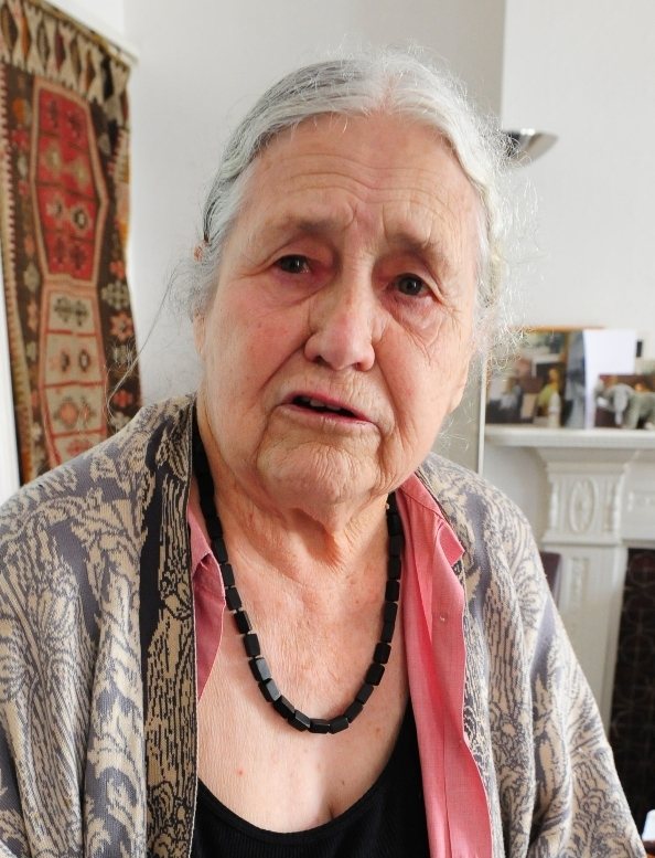 A photograph of Doris Lessing, British novelist, poet, playwright, librettist, biographer, and short story writer.