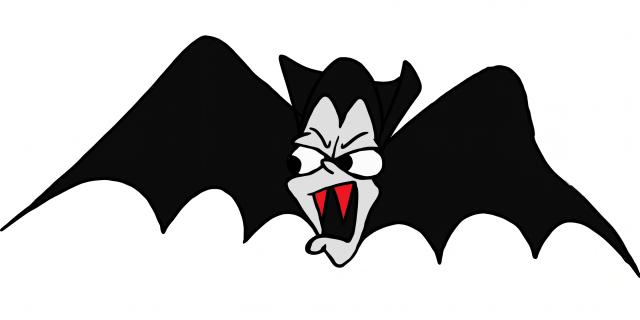 Cartoon illustration of a snarling vampire bat with wide eyes, an open mouth showing red fangs, and outstretched black wings on a white background.